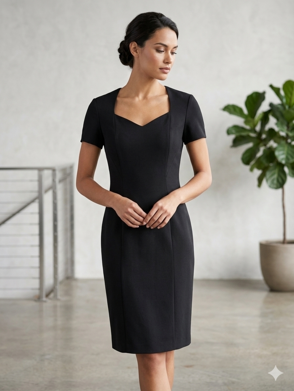 Alex Marie Black Short-Sleeve Midi Sheath Dress with Sweetheart Neckline